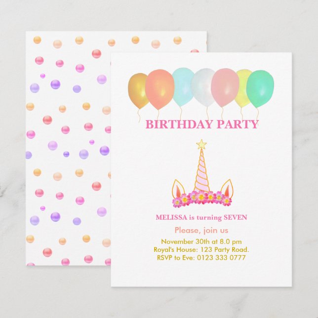 Unicorn 7th Birthday Party Invitation (Front/Back)