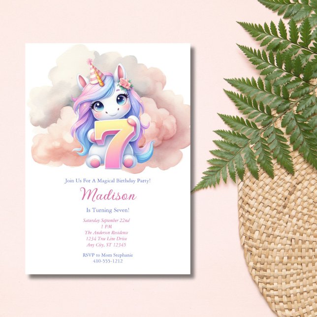 Unicorn 7th Seven Pink Blue Purple Girl Birthday  Invitation (Girls Unicorn 7th Birthday invitation. Printed or Digital Download. Watercolor Pink Blue Purple)