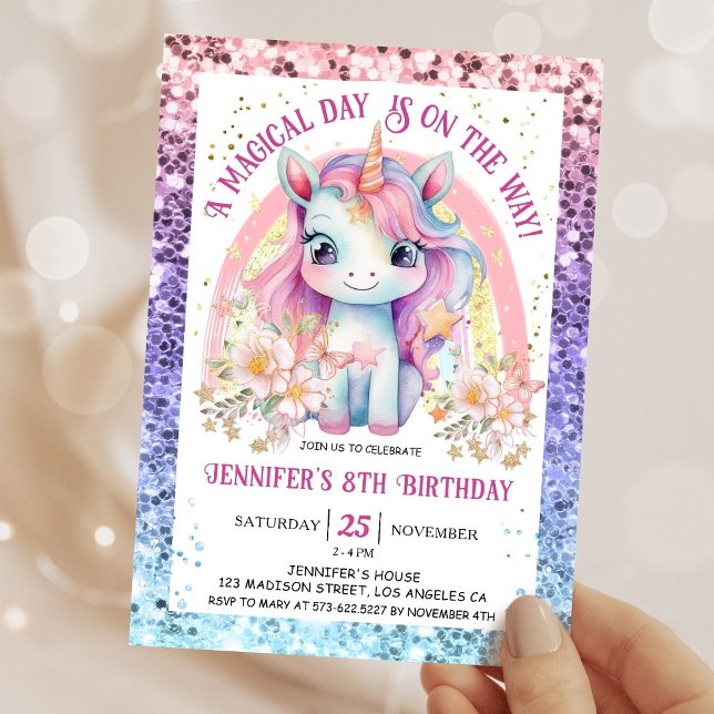 Unicorn 8th Birthday Gold Glitter Floral Rainbow  Invitation (Creator Uploaded)