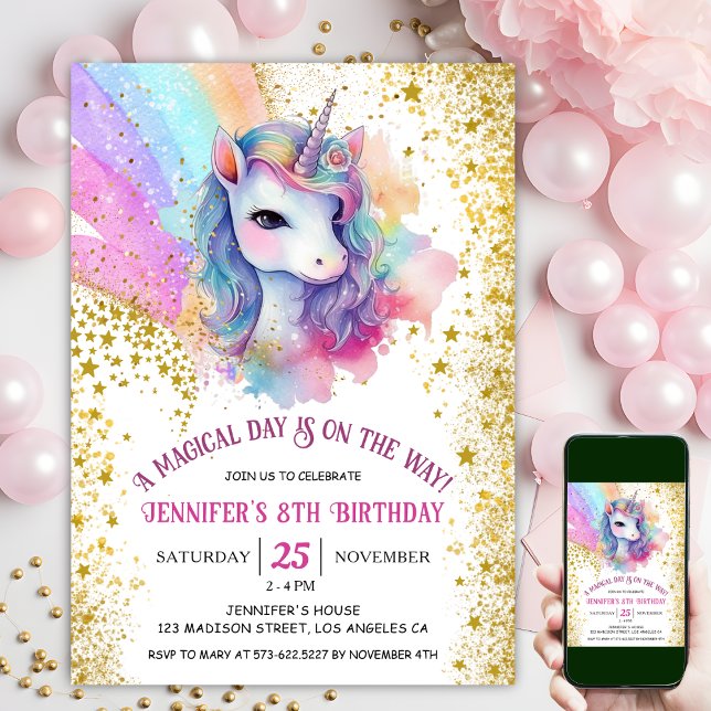 Unicorn 8th Birthday | Gold Glitter Rainbow  Invitation (#UnicornBirthdayInvitation #UnicornBirthdayInvitationTemplate #UnicornBirthdayInvitationEditable 
)