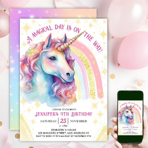 Unicorn 9th Birthday Gold Pink Magical Rainbow Invitation