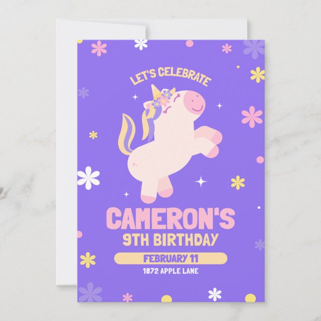 Unicorn 9th Birthday Invitation for Girls Template (Front)