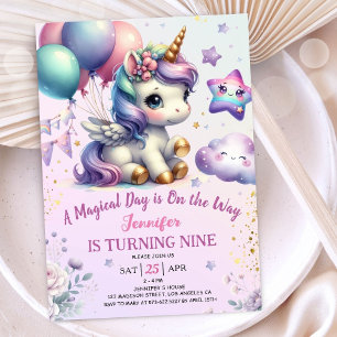 Unicorn 9th Birthday Invite Girl Purple & Gold