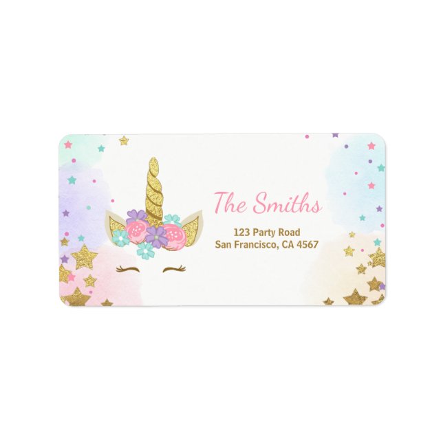 Unicorn Address Label Pink Gold Magical Rainbow (Front)