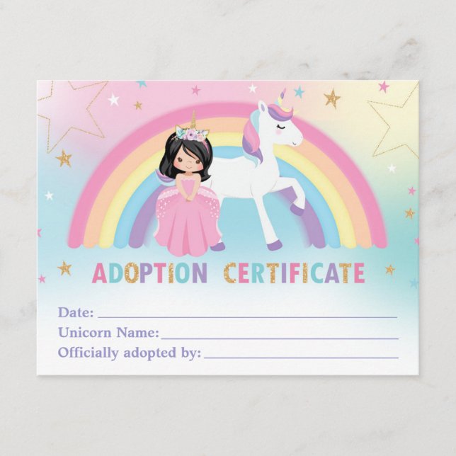 Unicorn Adoption Certificate Birthday Party Favour (Front)
