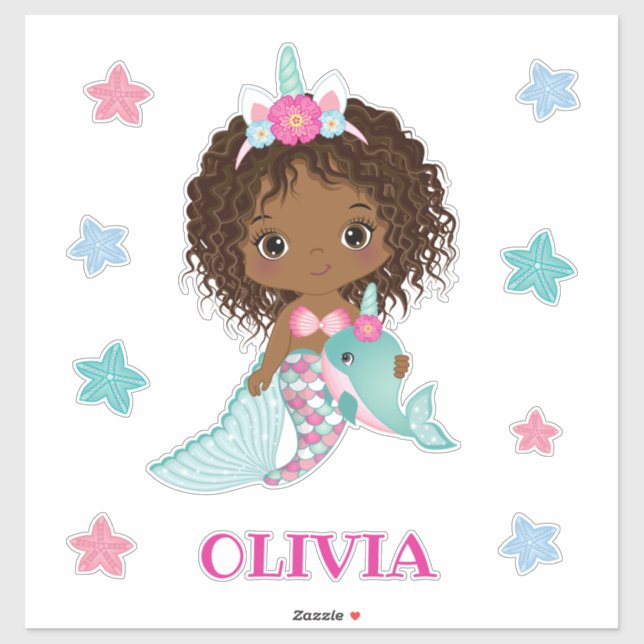 Unicorn African American Mermaid Sticker (Sheet)