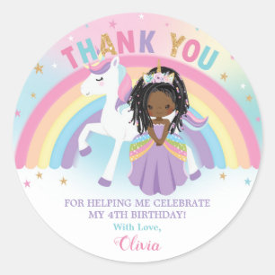 Unicorn African Princess Birthday Thank You Favour Classic Round Sticker