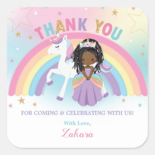Unicorn African Princess Birthday Thank You Favour Square Sticker