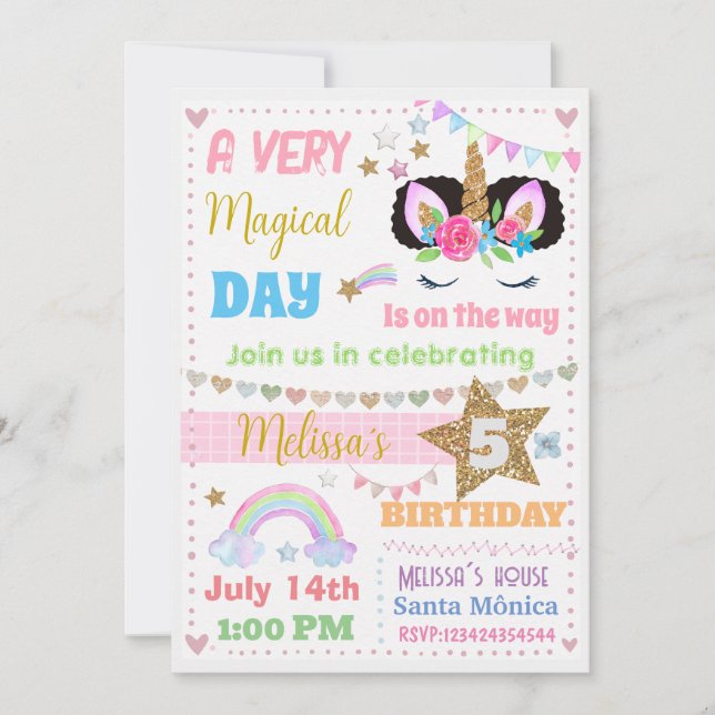 unicorn afro Puff Birthday Invitation (Front)