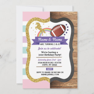 Unicorn & American Football Joint Birthday Sports Invitation