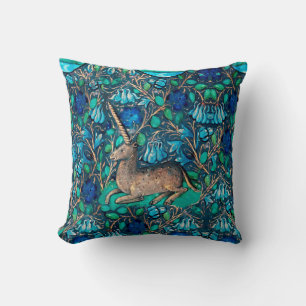 UNICORN AMONG BLUE FLOWERS Aqua Blue Green Floral Cushion