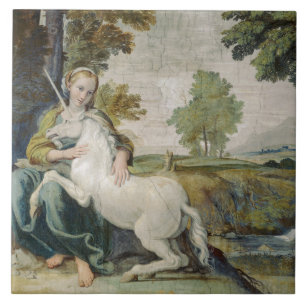 Unicorn and a Young Woman (by Domenichino) Tile