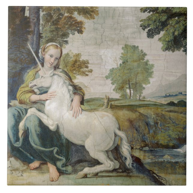 Unicorn and a Young Woman (by Domenichino) Tile (Front)