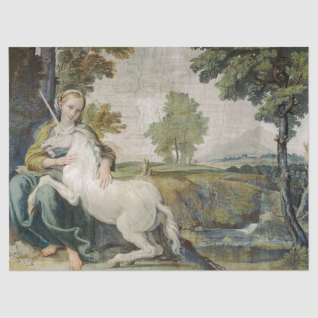 Unicorn and a Young Woman (by Domenichino) Tissue Paper (Front)