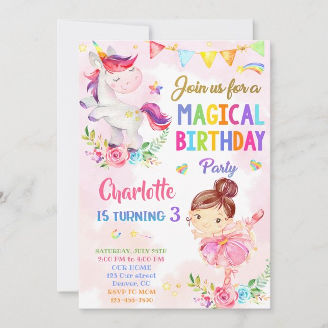 Unicorn and Ballerina birthday invitation for girl (Front)