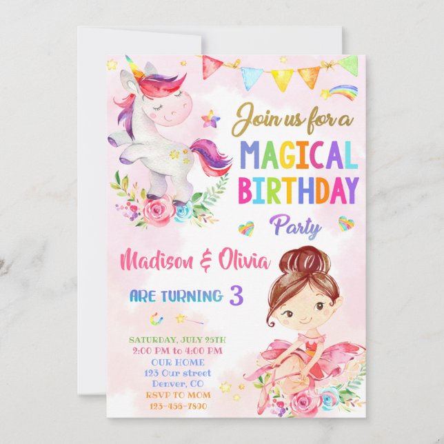 Unicorn and Ballerina birthday invitation for girl (Front)