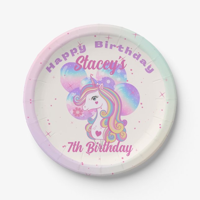 Unicorn and Balloons Birthday Party Paper Plates (Front)