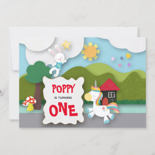 Unicorn and Bunny Landscape First Birthday Invitation