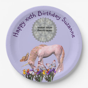 Unicorn And Butterflies Photo Birthday Party Paper Plate