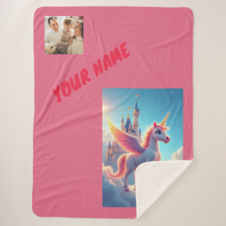 unicorn and castle in pink personalised and photo sherpa blanket