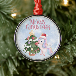 Unicorn And Christmas Tree On Sparkle Blue Sky Metal Tree Decoration