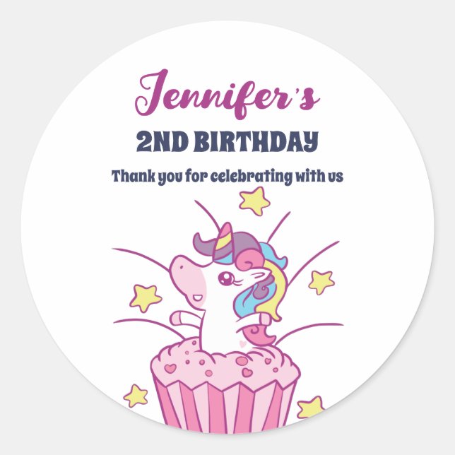 Unicorn and Cupcake Kids Birthday Party Favour Classic Round Sticker (Front)