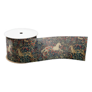UNICORN AND DEER,FLOWERS, FOREST ANIMALS Floral Satin Ribbon