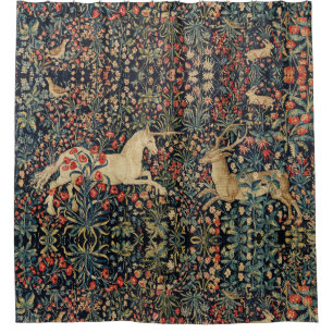 UNICORN AND DEER,FLOWERS,FOREST ANIMALS Floral Shower Curtain