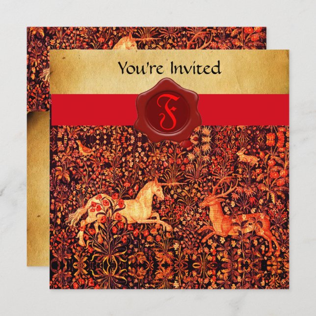 UNICORN AND DEER MONOGRAM RED WAX SEAL PARCHMENT INVITATION (Front/Back)