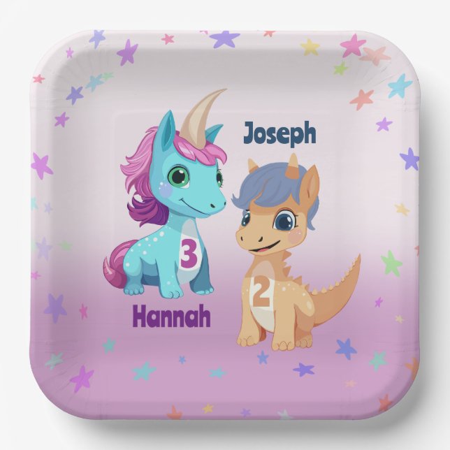 Unicorn and Dino Joint Kids Party Paper Plate (Front)