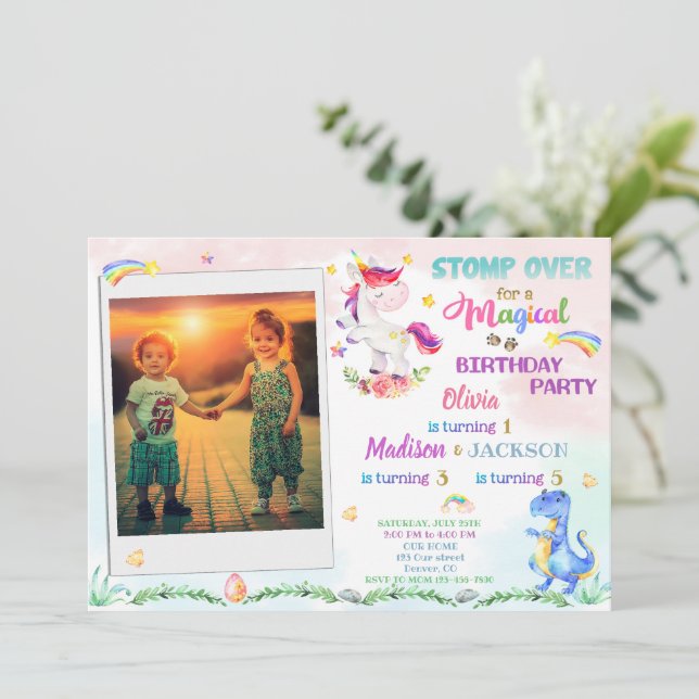 Unicorn and Dinosaur birthday invitation for three (Standing Front)