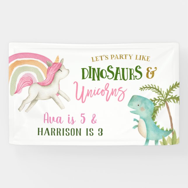 Unicorn and Dinosaur Birthday Party Large Banner (Horizontal)