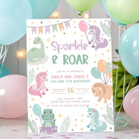 Unicorn and Dinosaur Invitations Sibling Joint Par