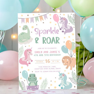 Unicorn and Dinosaur Invitations Sibling Joint Par
