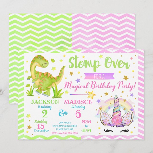 Unicorn and Dinosaur Joint Birthday Invitation (Front/Back)