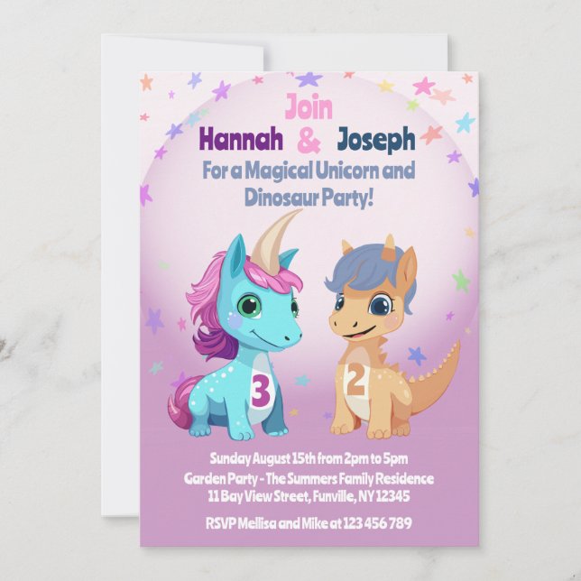 Unicorn and Dinosaur Kids Party Invitation (Front)