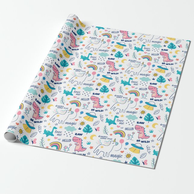 Unicorn And Dinosaur Pattern Wrapping Paper (Unrolled)