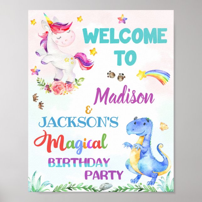Unicorn and Dinosaur welcome party sign Magic sign (Front)