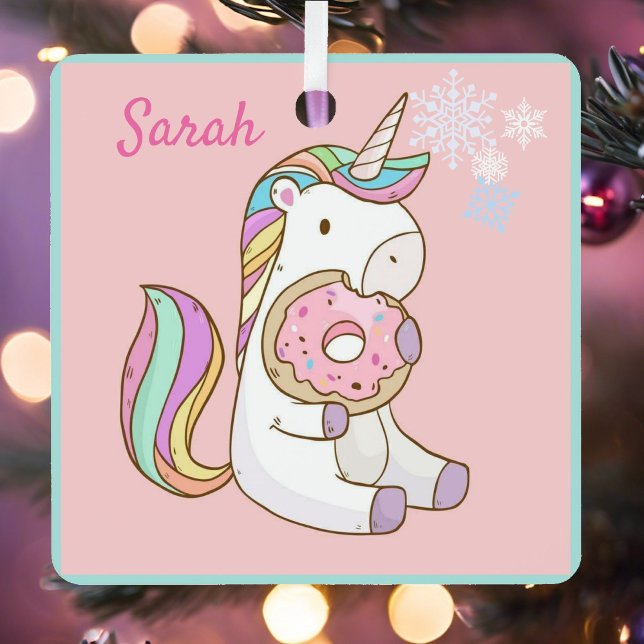 Unicorn and Doughnut Add Name Pink Metal Ornament (Creator Uploaded)
