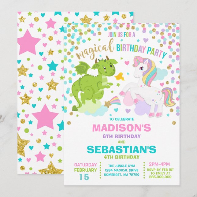 Unicorn And Dragon Birthday Invitation Siblings (Front/Back)
