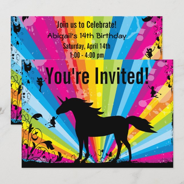 Unicorn and Fairies Rainbow Birthday Invitation (Front/Back)