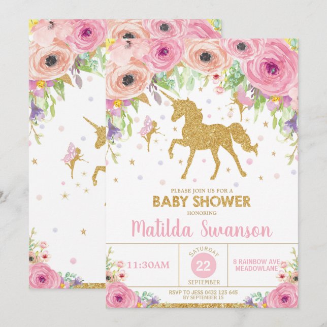 Unicorn and Fairy Baby Shower Invitation Baby Girl (Front/Back)