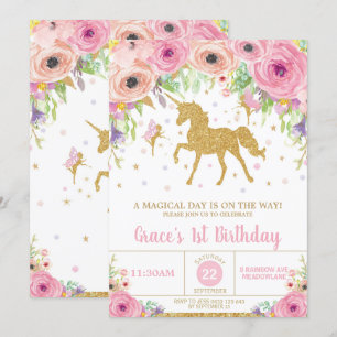 Unicorn and Fairy Birthday Invitation Pink Floral
