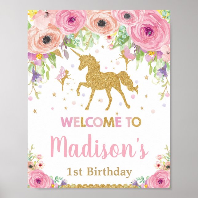 Unicorn and Fairy Birthday Party Welcome Sign (Front)