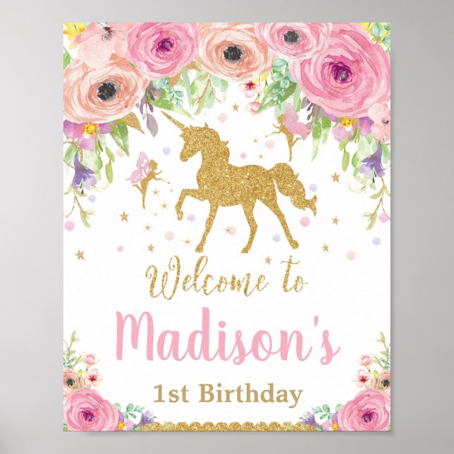 Unicorn and Fairy Birthday Party Welcome Sign (Front)