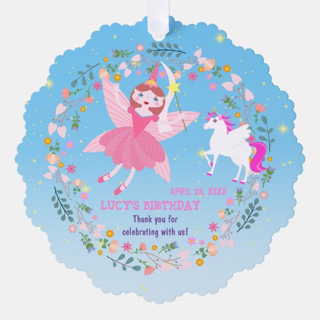 Unicorn and Fairy Magic Birthday Party Tree Decoration Card (Front)