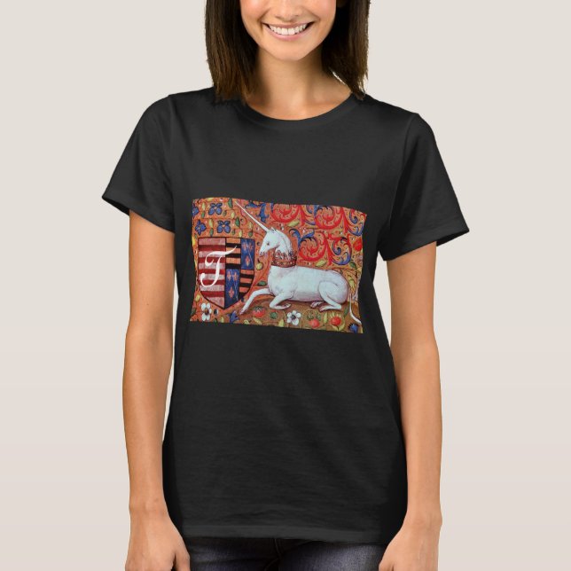 UNICORN AND FANTASY FLOWERS,FLORAL MOTIFS MONOGRAM T-Shirt (Front)