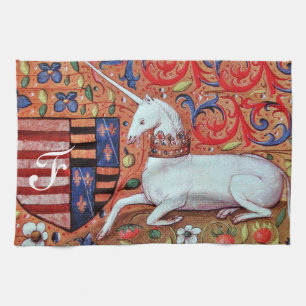 UNICORN AND FANTASY FLOWERS,FLORAL MOTIFS MONOGRAM TEA TOWEL