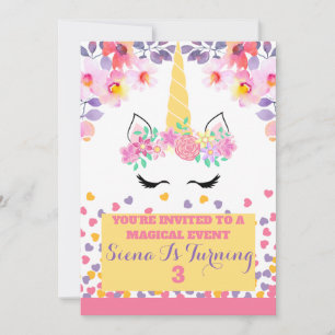Unicorn and flowers birthday invitation for girl