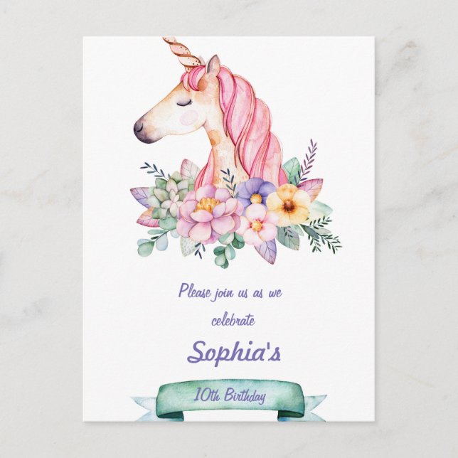 Unicorn and Flowers Children Birthday Invitation (Front)